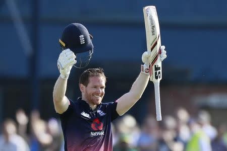 Britain Cricket - England v South Africa - First One Day International - Headingley - 24/5/17 England's Eoin Morgan celebrates making a century Action Images via Reuters / Jason Cairnduff