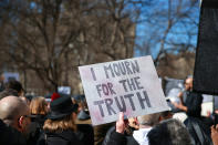 <p>Protesters shout slogans and hold up signs at the “Mock Funeral for Presidents’ Day” rally at Washington Square Park in New York City on Feb. 18, 2017. (Gordon Donovan/Yahoo News) </p>