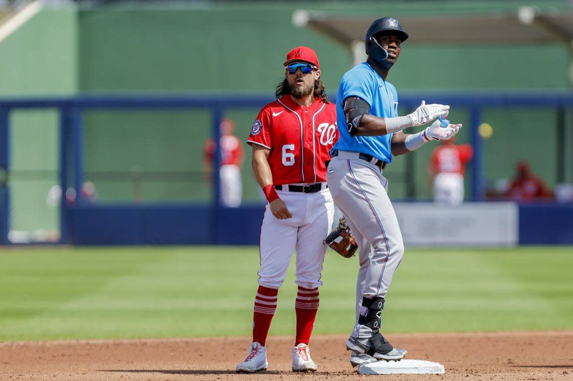 Miami Marlins right fielder Jesus Sanchez (7) reacts from second base after hitting a double during the second inning against the Washington Nationals at The Ballpark of the Palm Beaches on March 2, 2023.