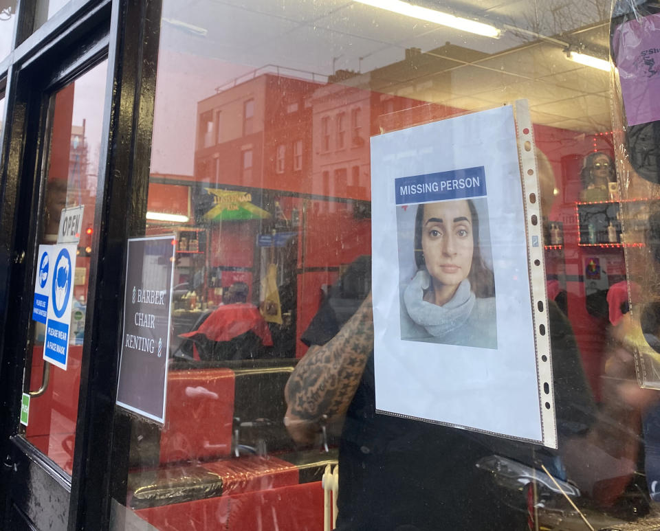 A missing poster of Petra Srncova, 32, on a window of a shop in the Camberwell area London.