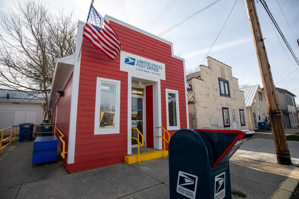 A view of the post office on Main Street in Harveysburg, Ohio, pictured Thursday, March 9, 2023.
