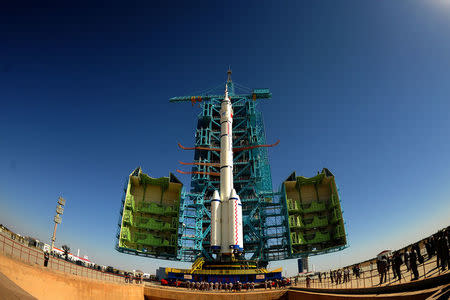 Fish eye view shows China's Long March rocket carrying the manned spacecraft Shenzhou-11 at the launch centre in Jiuquan, China, October 10, 2016. Picture taken October 10, 2016. REUTERS/Stringer