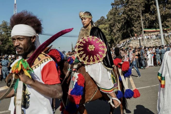 A woman rides a horse during the celebration of the 126th victory of Adwa, at Menelik square in Addis Ababa, Ethiopia, on March 02, 2022. - The Battle of Adwa was the climactic battle of the First Italo-Ethiopian War. The Ethiopian forces defeated the Italian invading force on March 1, 1896, near the town of Adwa. The decisive victory thwarted the campaign of the Kingdom of Italy to expand its colonial empire in the Horn of Africa.