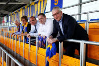 Soccer Football - League One - Shrewsbury Town Safe Standing Press Launch - Montgomery Waters Meadow, Shrewsbury, Britain - May 22, 2018 Supporters Parliament chairman Roger Groves, Mike Davis, Ferco Seating Systems Managing Director Michael Burnett, Shrewsbury Town CEO Brian Caldwell and Mayor of Shrewsbury Jane MacKenzie during the Press Launch Action Images/Jason Cairnduff