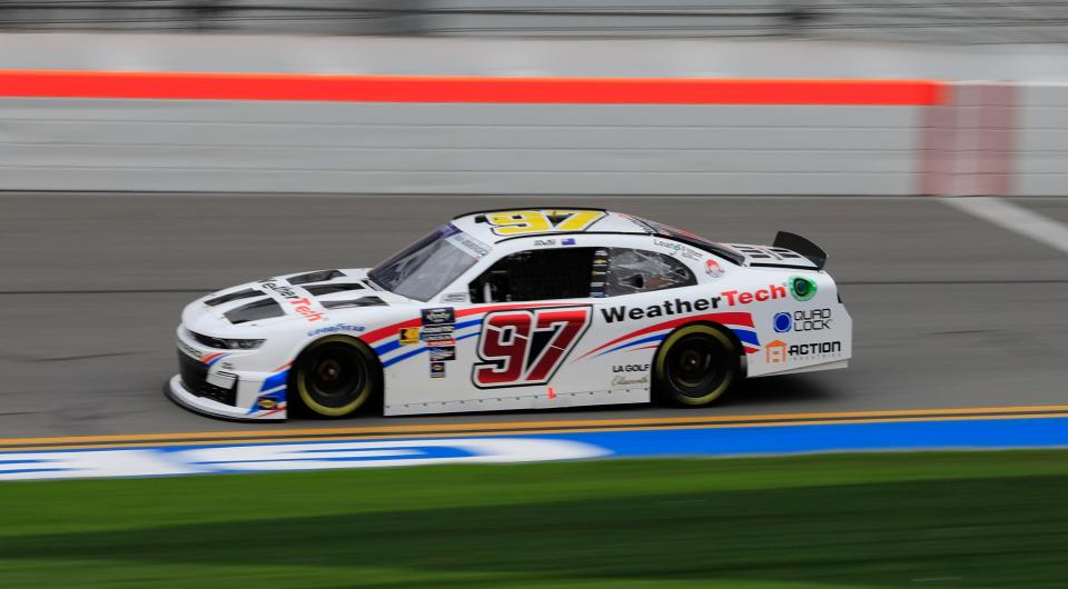 Shane van Gisbergen (97) speeds through the tri-oval during a fifth-place qualifying run in the NASCAR Xfinity Series on Saturday, February 17, 2024.