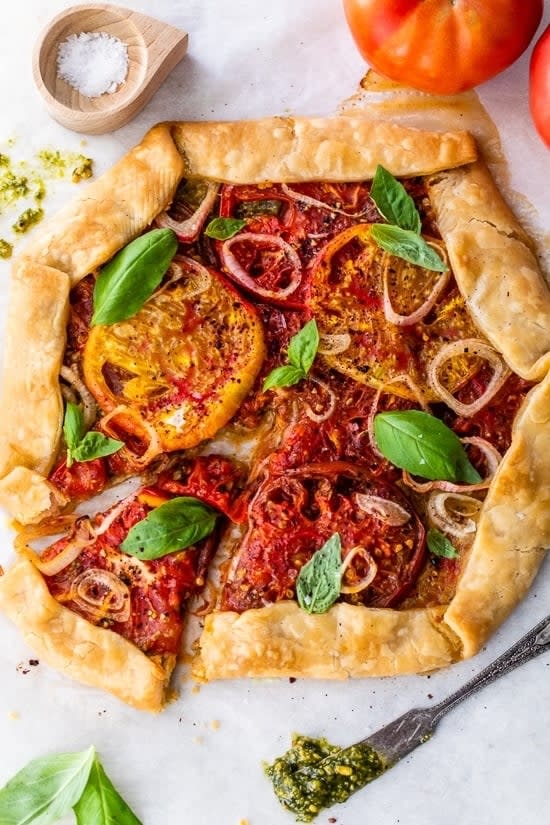 A sliced tomato galette