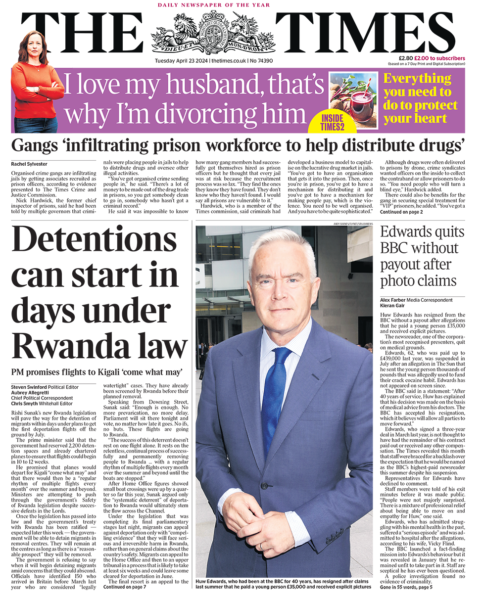 The headline in the Times reads: "Detentions can start in days under Rwanda law".