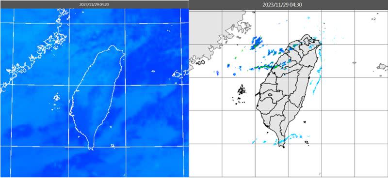 圖：29日4：20紅外線色調強化雲圖顯示，中層鬆散雲系移入台灣上空(左圖)。4：30雷達回波合成圖顯示，台灣上空有零星降水回波(右圖)。