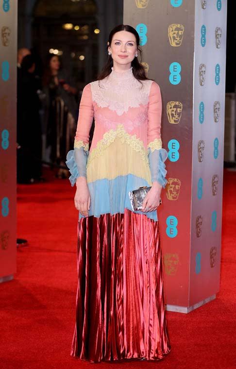 It appears Caitriona couldn't decide what dress to wear so she cut two in half and sewed them together.