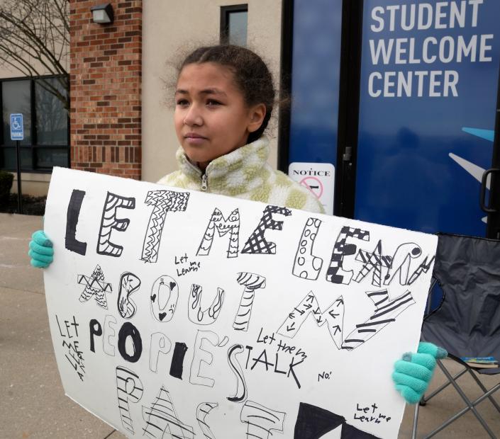 Charlie Carter, 10, a fifth-grader at JW Reason Elementary School in Hilliard City Schools, joined a peaceful demonstration at the Olentangy Schools' administration building on Monday.