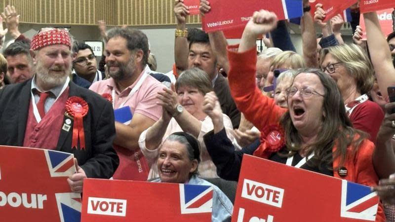 Labour supporters, with posters, celebrate