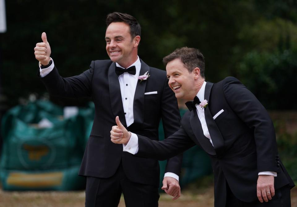 Ant McPartlin, with Declan Donnelly (right), arriving at St Michael’s church, Heckfield (Kirsty O’Connor/PA) (PA Wire)
