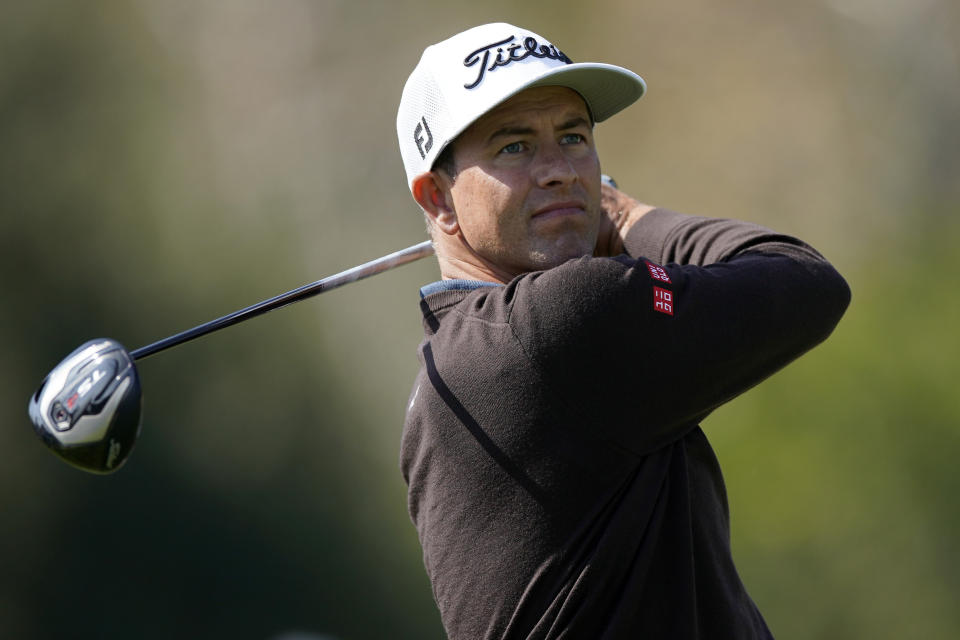 Adam Scott, of Australia, tees off on the 17th hole during the second round of the Genesis Invitational golf tournament at Riviera Country Club, Friday, Feb. 14, 2020, in the Pacific Palisades area of Los Angeles. (AP Photo/Ryan Kang)