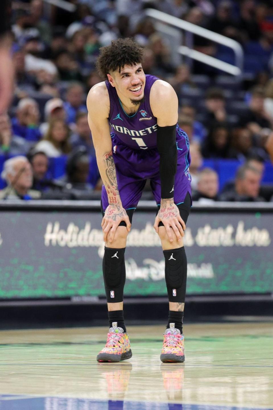Charlotte Hornets guard LaMelo Ball (1) looks on during a game against the Orlando Magic in the second quarter at Amway Center.