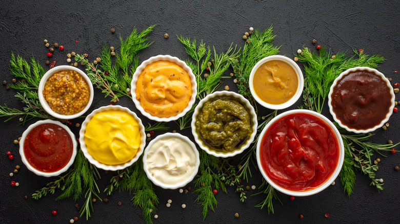 Various dipping sauces in small bowls
