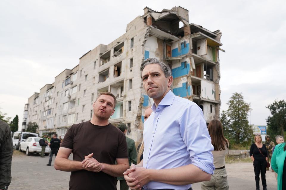 Irish premier Simon Harris visited regions damaged during the early stages of Russia’s invasion (PA Wire)