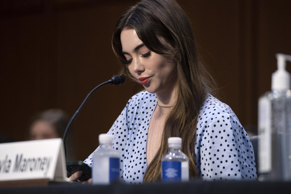 United States Olympic gymnast McKayla Maroney testifies during a Senate Judiciary hearing about the Inspector General's report on the FBI's handling of the Larry Nassar investigation on Capitol Hill, Wednesday, Sept. 15, 2021, in Washington. Nassar was charged in 2016 with federal child pornography offenses and sexual abuse charges in Michigan. He is now serving decades in prison after hundreds of girls and women said he sexually abused them under the guise of medical treatment when he worked for Michigan State and Indiana-based USA Gymnastics, which trains Olympians. (Saul Loeb/Pool via AP)