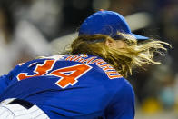 New York Mets' Noah Syndergaard pitches during the first inning in the second baseball game of a doubleheader against the Miami Marlins Tuesday, Sept. 28, 2021, in New York. (AP Photo/Frank Franklin II)