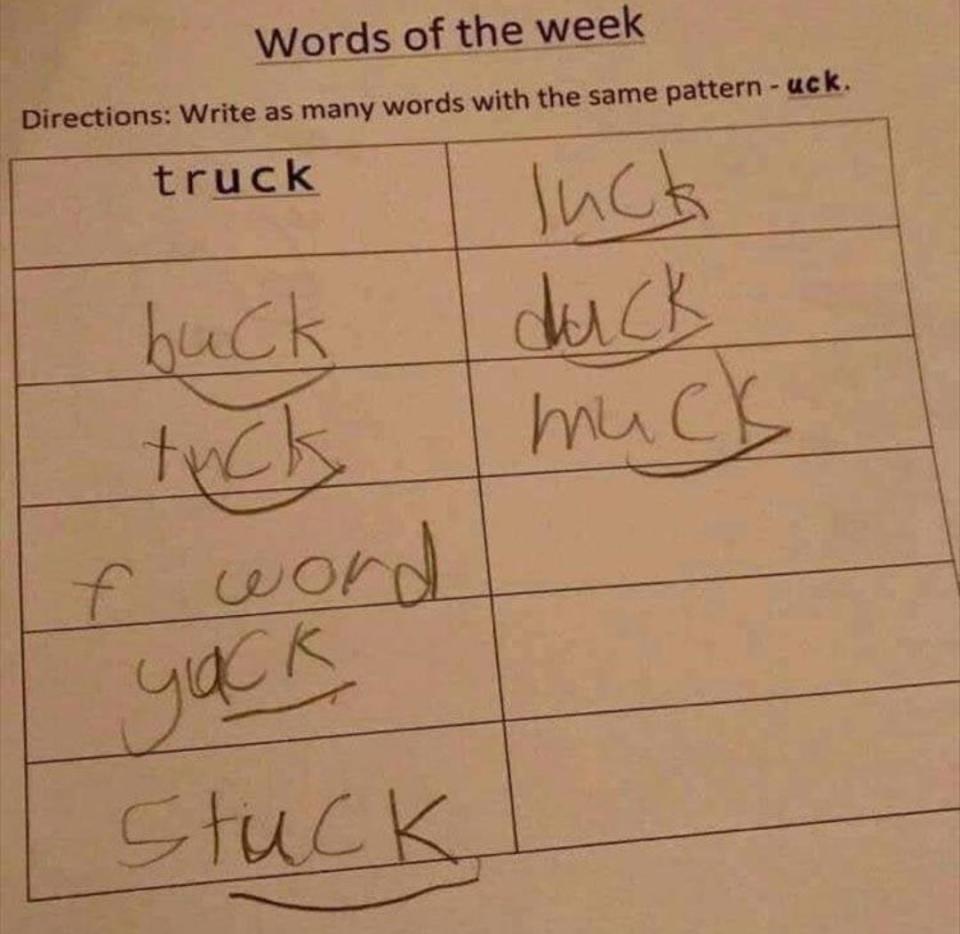 A worksheet titled "Words of the week" with words ending in "uck" handwritten: truck, luck, buck, duck, truck, muck, f***, yuck, stuck