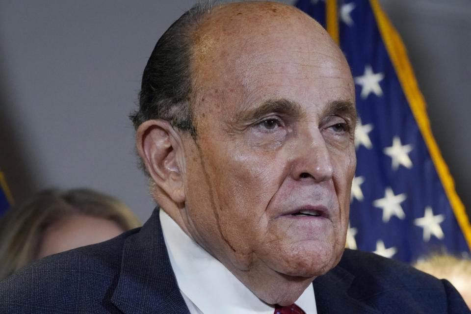 Former Mayor of New York Rudy Giuliani, a lawyer for President Donald Trump, speaks during a news conference at the Republican National Committee headquarters, Thursday Nov. 19, 2020, in Washington. (AP Photo/Jacquelyn Martin)