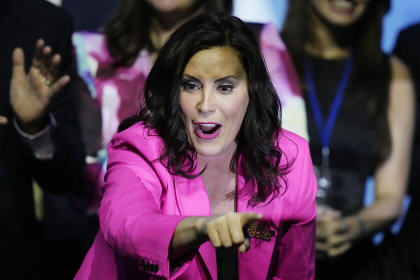 Michigan Democratic Gov. Gretchen Whitmer speaks during Election Night, Tuesday, Nov. 8, 2022 in Detroit. (AP Photo/Carlos Osorio)