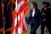 Speaker of the House Nancy Pelosi (D-CA) arrives for a press briefing on the 27th day of a partial government shutdown on Capitol Hill in Washington, U.S., January 17, 2019. REUTERS/Joshua Roberts