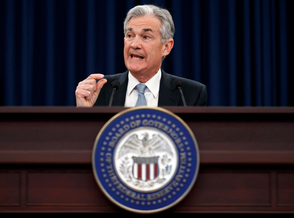 FILE- In this March 21, 2018, file photo, Federal Reserve Chairman Jerome Powell speaks following the Federal Open Market Committee meeting in Washington. On Wednesday, May 2, the Federal Reserve releases its latest monetary policy statement after a two-day meeting. (AP Photo/Carolyn Kaster, File)
