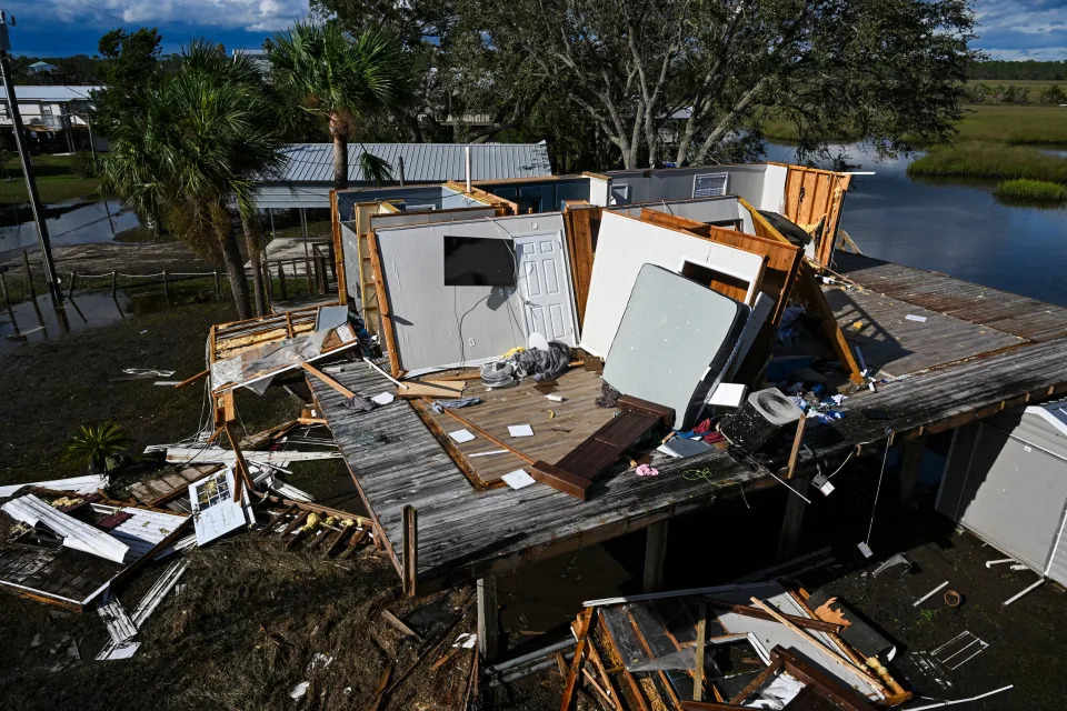 A destroyed house is seen in Keaton Beach, Florida in August after Hurricane Idalia made landfall. (Chandan Khanna/AFP via Getty Images)