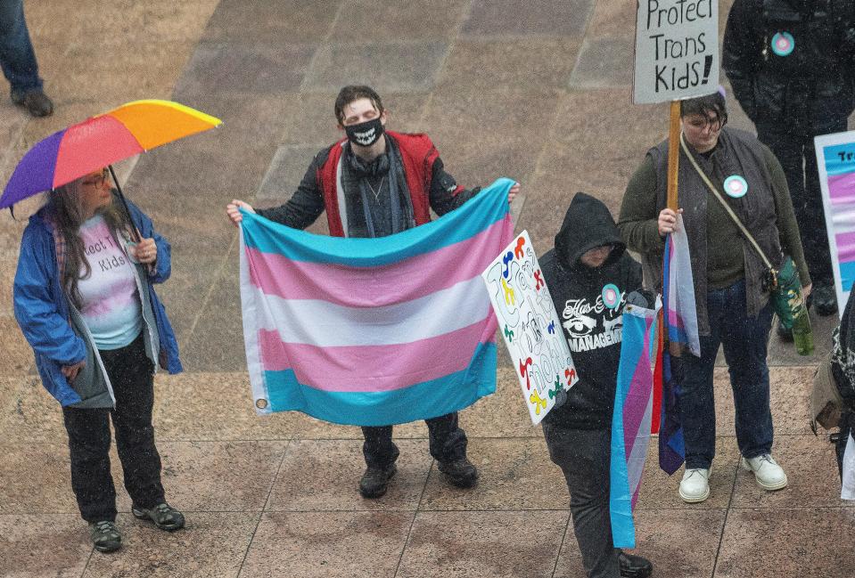 Protesters gather in front of the Ohio Statehouse in January as the Ohio Senate overrides Gov. Mike DeWine's veto of House Bill 68.