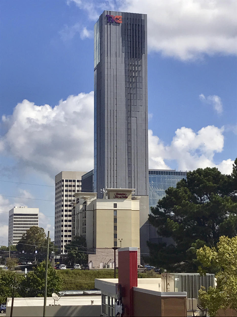 TK Elevators' North American operations new elevator testing facility rises, Wednesday, Oct. 13, 2021, in Atlanta. The 420-foot-tall tower is set to become fully operational early next year. (AP Photo/Jeff Martin)