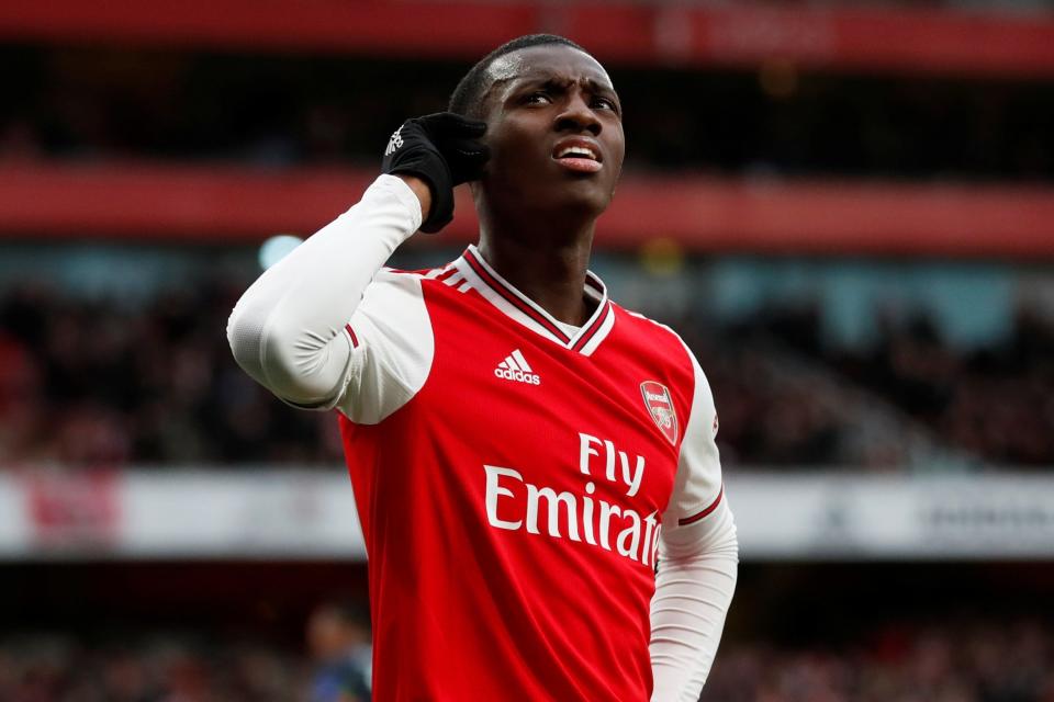 On target: Nketiah celebrates his goal against Everton (Action Images via Reuters)