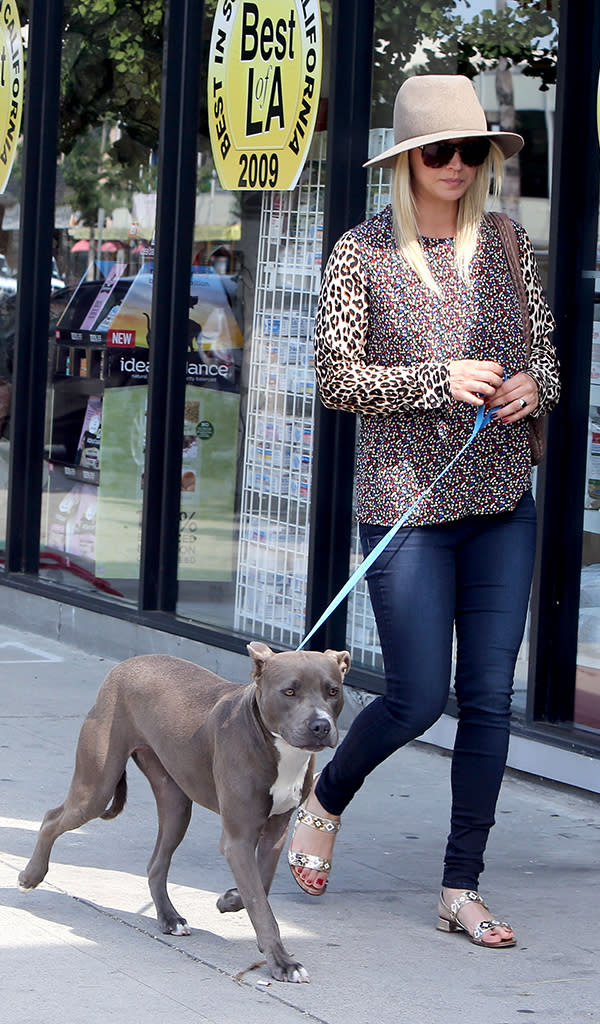 Kaley Cuoco takes one of her pitbulls, Loretta, to the vet in Los Angeles, California