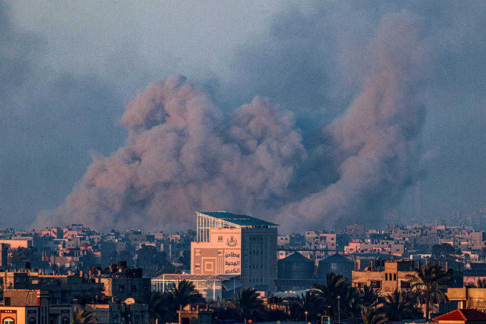 Smoke billowing during Israeli bombardment over Khan Yunis in southern Gaza.