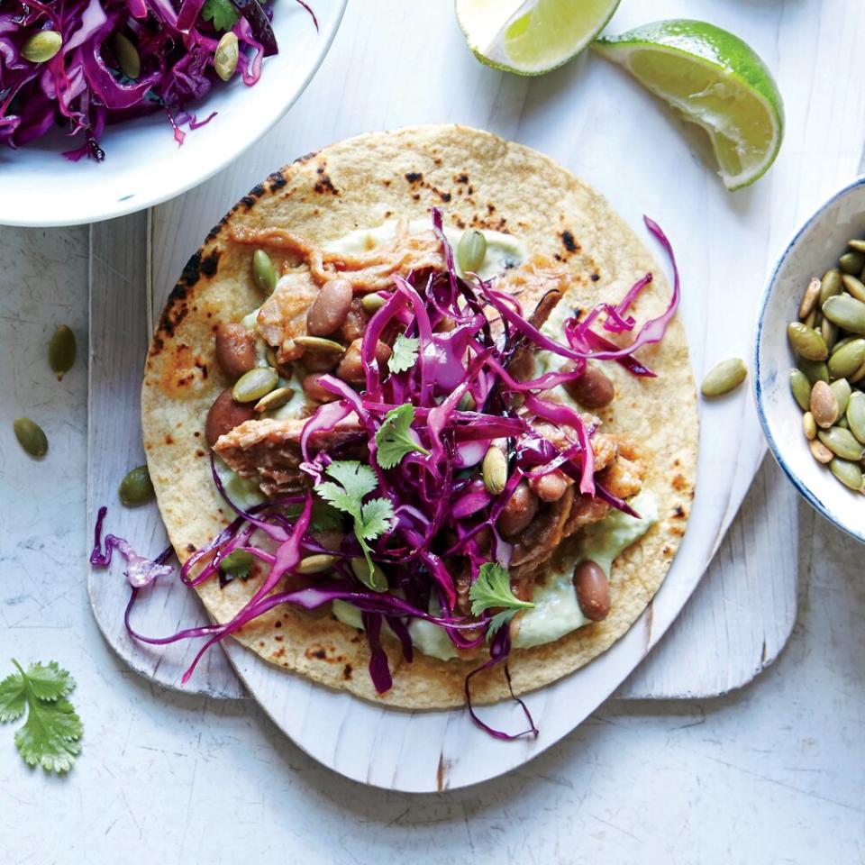 Shredded Pork and Pinto Tacos with Pepita Slaw