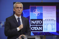 NATO Secretary-General Jens Stoltenberg speaks during a press conference at the NATO headquarters, Friday, Nov. 25, 2022 in Brussels, ahead of the Meeting of NATO Ministers of Foreign Affairs taking place on Nov. 29 and 30 in Bucharest, Romania. (AP Photo/Olivier Matthys)