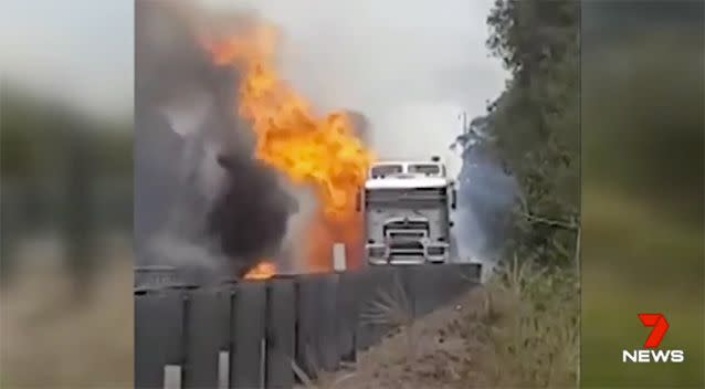 A truck carrying ethanol caught alight. Source: 7 News