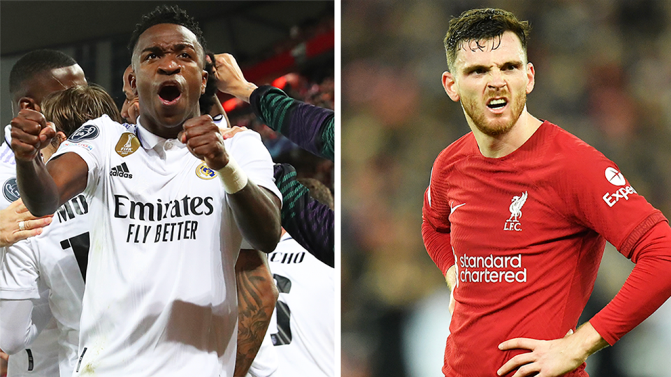 Vinicius Jnr. (pictured left) celebrating a goal at Anfield and (pictured right) Liverpool's Andy Robertson reacting after a goal.