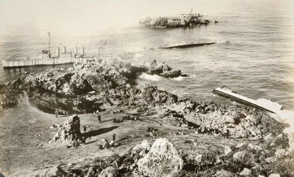 Five of Seven United States Navy destroyers that ran aground at Honda Point can be seen in this photo. From the left #296 USS Chauncey; center is USS Young, lying flat on starboard side; at right broken in two is the USS Delphy which lead the ill-fated journey. In background on rocks are the USS Woodbury and further out the USS Fuller. They wrecked north of Point Conception in heavy fog Sept. 8, 1923. It was the worst peacetime Navy disaster with the death of 23 seamen and the loss of the destroyers; 20 men died on the Young and three on the Delphy. Out of frame to the right were the USS S.P. Lee and USS Nicholas.