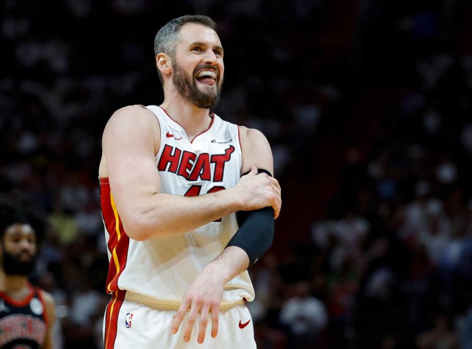 Miami Heat forward <a class="link " href="https://sports.yahoo.com/nba/players/4391/" data-i13n="sec:content-canvas;subsec:anchor_text;elm:context_link" data-ylk="slk:Kevin Love;sec:content-canvas;subsec:anchor_text;elm:context_link;itc:0">Kevin Love</a> (42) reacts after he is fouled in the second half during the game against the <a class="link " href="https://sports.yahoo.com/nba/teams/chicago/" data-i13n="sec:content-canvas;subsec:anchor_text;elm:context_link" data-ylk="slk:Chicago Bulls;sec:content-canvas;subsec:anchor_text;elm:context_link;itc:0">Chicago Bulls</a> in the 2024 NBA Play-In Tournament at Kaseya Center in Miami on April 19, 2024. Al Diaz/ adiaz@miamiherald.com