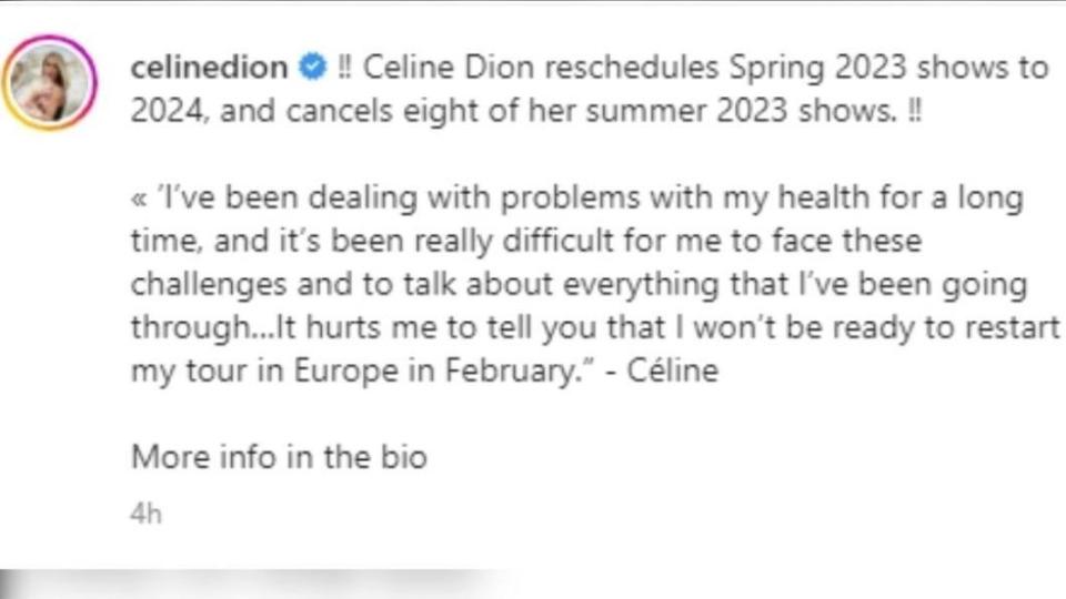 席琳狄翁在IG上與粉絲坦承自身的健康問題，並將取消明年２月的歐洲巡演。（圖／翻攝自席琳狄翁IG）