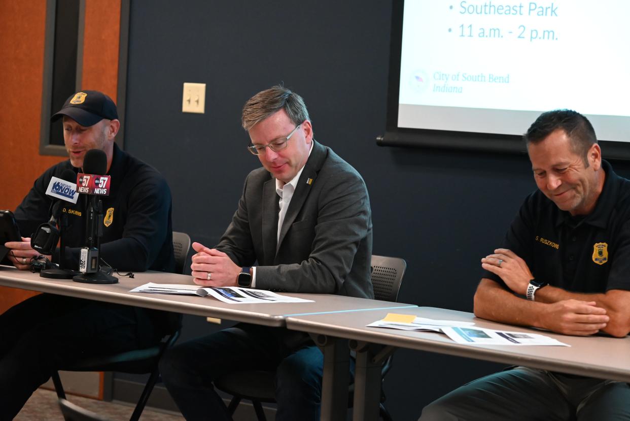 South Bend Police Operations Division Chief Dan Skibins, Mayor of South Bend James Mueller and Chief of Police Scott Ruszkowski discuss the quarter 2 Public Safety Update for South Bend on July 18, 2024 at the South Bend Police Department.