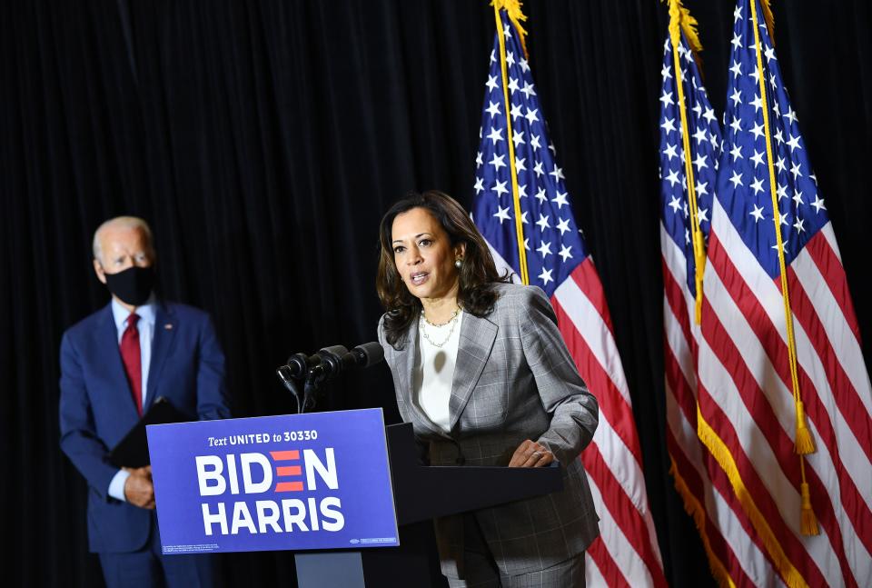 Democratic presidential nominee, former US Vice President Joe Biden (L), and vice presidential running mate, US Senator Kamala Harris, hold a press conference after receiving a briefing on COVID-19 in Wilmington, Delaware, on August 13, 2020. (Photo by MANDEL NGAN / AFP) (Photo by MANDEL NGAN/AFP via Getty Images)