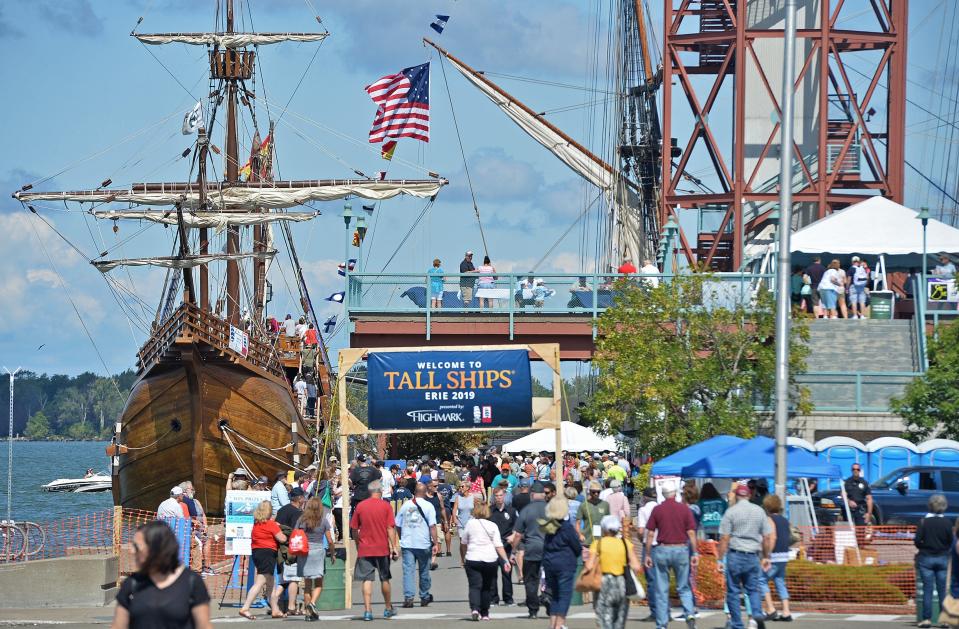 Crowds fill Dobbins Landing on Presque Isle Bay in Erie on Aug. 23, 2019 during the Tall Ships Erie 2019 festival.