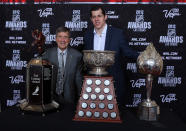 LAS VEGAS, NV - JUNE 20: Evgeni Malkin of the Pittsburgh Penguins poses with Ted Lindsay after winning the Ted Lindsay Award, the Art Ross Trophy and the Hart Trophy during the 2012 NHL Awards at the Encore Theater at the Wynn Las Vegas on June 20, 2012 in Las Vegas, Nevada. (Photo by Bruce Bennett/Getty Images)