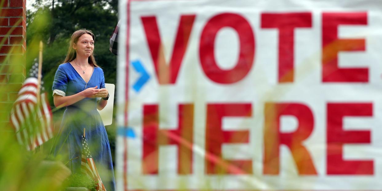 Brianna Jarvis of Bath discusses why she voted no on Issue 1 at Bath United Church of Christ, Tuesday, Aug. 8, 2023, in Bath, Ohio.