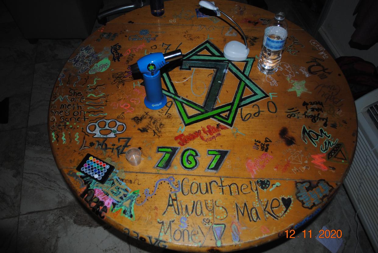 Gang-affiliation symbols painted on a table and found during an FBI investigation into a large-scale drug network.