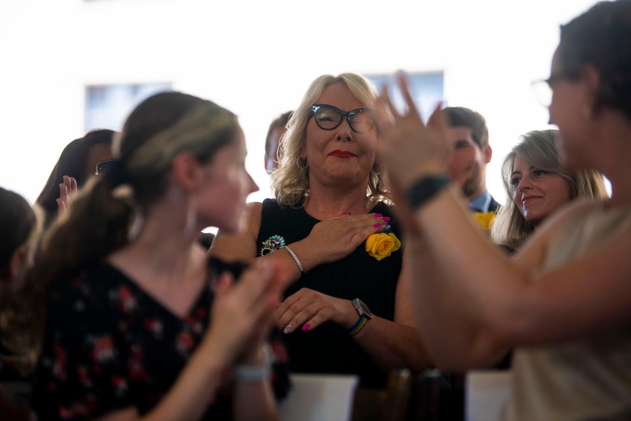 The crowd applauds for Council Member Olivia Hill as she is recognized by Nashville Mayor Freddie O’Connell, during the Inaugural Celebration at Public Square Park in Nashville , Tenn., Saturday, Sept. 30, 2023.