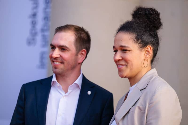 Philipp Lahm, chief organizer of the European Football Championship, and Celia Sasic, Vice President of the DFB, attend a dinner as part of the European Championship workshop for national coaches in the Standehaus. Marius Becker/dpa