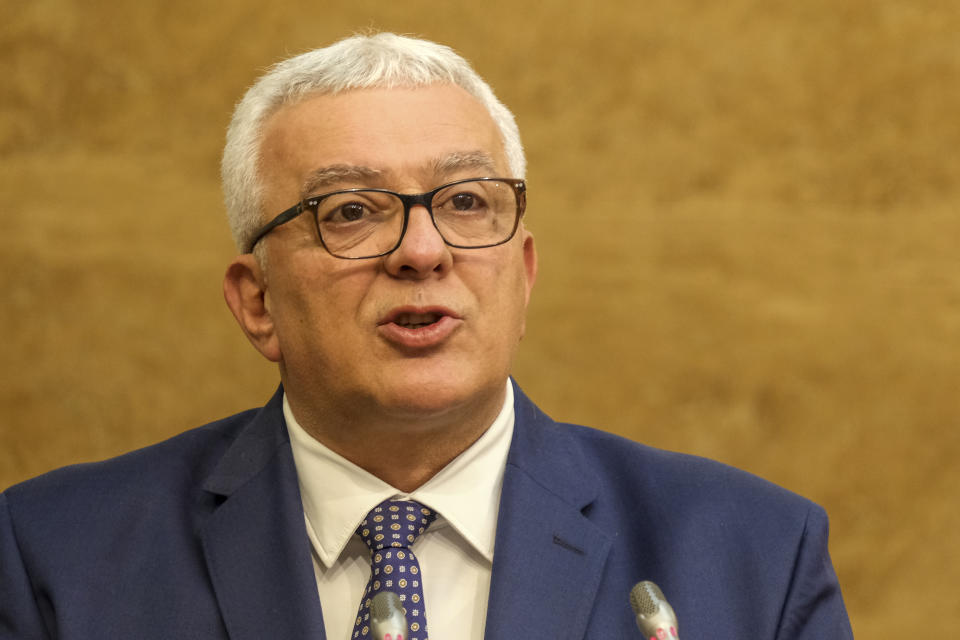 New speaker of parliament Andrija Mandic speaks during a parliament session in Montenegro's capital Podgorica, Monday, Oct. 30, 2023. After months of political bickering, the parliament in NATO-member and EU candidate Montenegro is set to hold a vote Monday on the small Balkan country's proposed new government that will hinge on the support from pro-Russian and anti-Western groups. Following months of negotiations, the winning coalition received the backing from staunchly anti-Western groups under the condition that one of their leaders, Andrija Mandic, is voted Monday the parliament speaker — an influential political position. (AP Photo/Risto Bozovic)