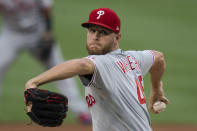 Philadelphia Phillies starting pitcher Zack Wheeler throws during the first inning of a baseball game against the Washington Nationals in Washington, Tuesday, Aug. 3, 2021. (AP Photo/Manuel Balce Ceneta)